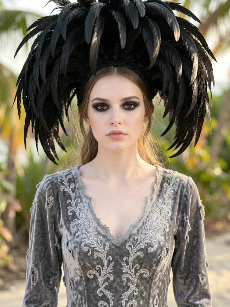 Mulher jovem com vestido cinza desgastado e bordado prateado, cocar dramático de penas pretas, maquiagem escura, luz natural difusa