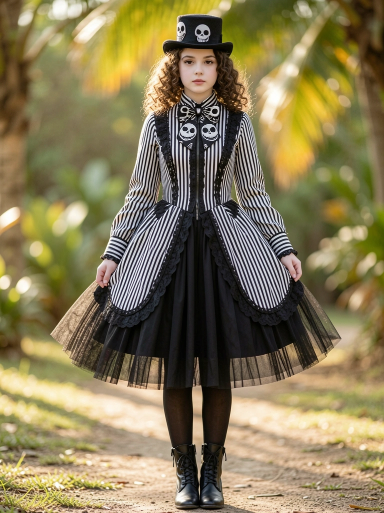 Vestido listrado preto e branco estilo vitoriano com saia de tule preta, laço e caveira Jack Skellington, meia arrastão, botas e cartola com caveira; luz natural suave ao fundo desfocado.