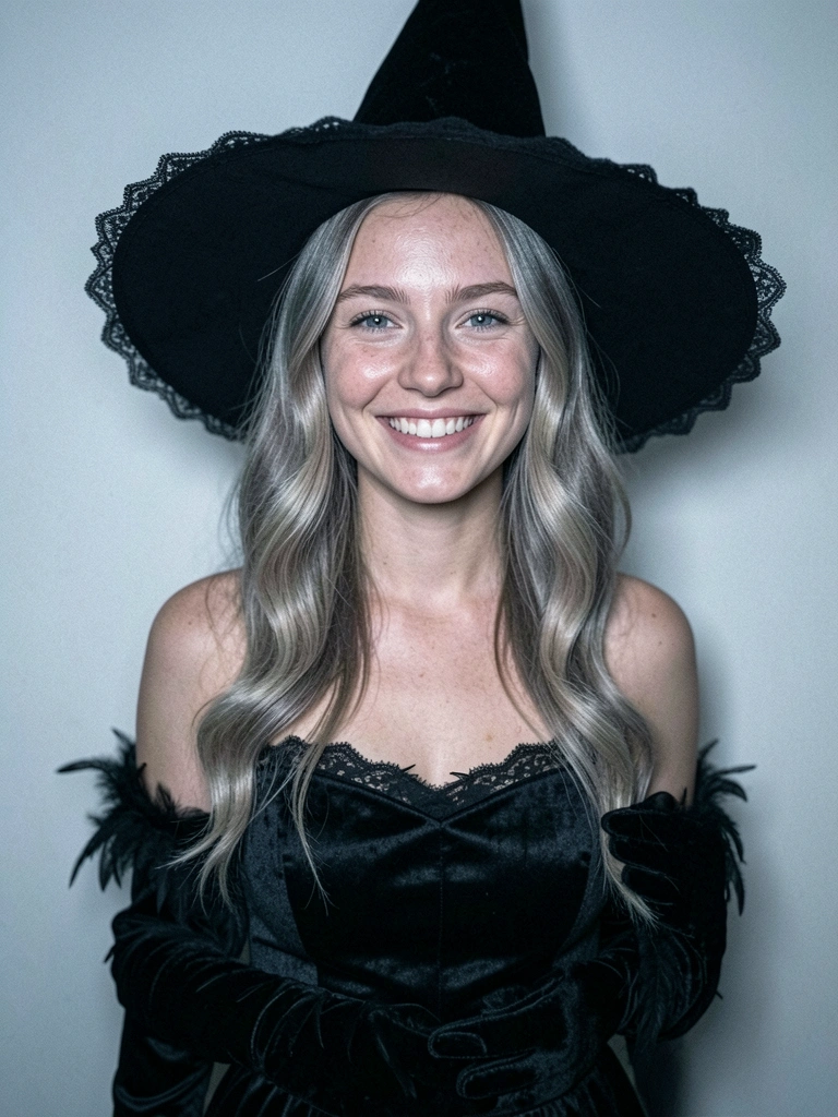 Tabela de tamanhos PP a 2XG com medidas em centímetros para fantasia de Halloween feminina.
