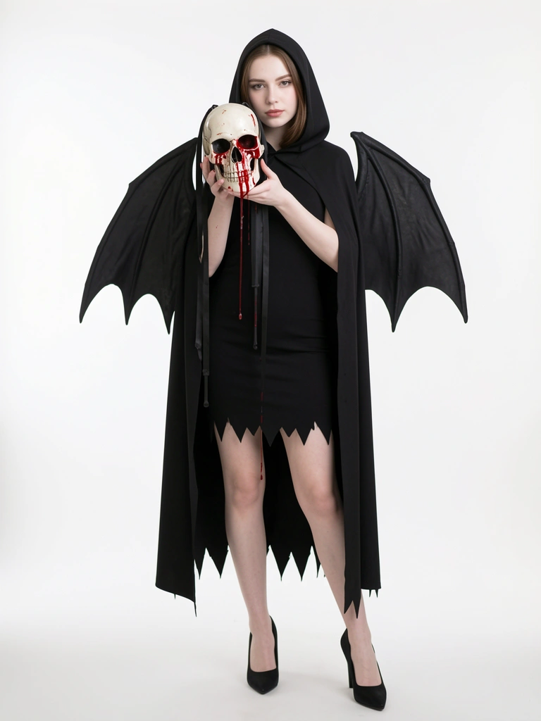 Mulher de vestido preto justo e capuz com mangas de morcego segura máscara de caveira com sangue escorrendo, fundo branco desfocado.