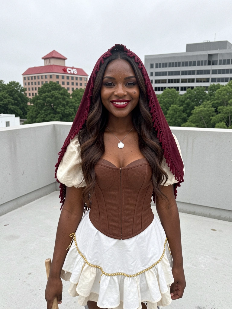 Mulher com maquiagem dramática, véu e vassoura, vestida de bruxa.