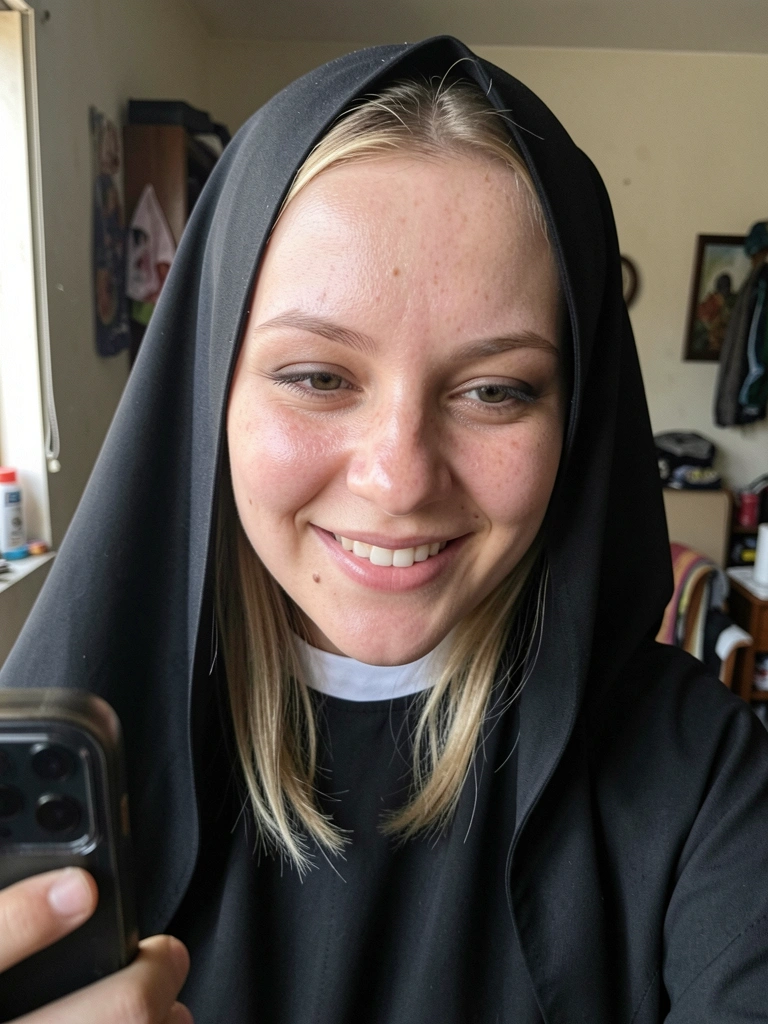 Close no rosto de uma mulher usando véu e hábito de freira, maquiagem marcante.