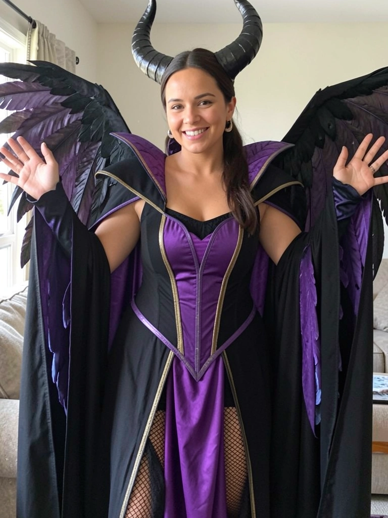 Mulher com chifres e asas, vestida como Malévola, em pose poderosa.