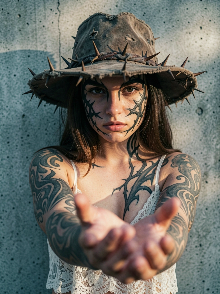 Jovem com tatuagens tribais escuras, chapéu de pala larga com espinhos e camisola de renda, encarando a câmera com a mão estendida.