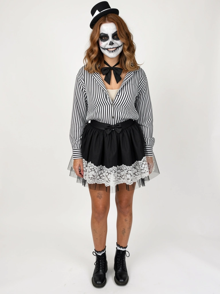 Mulher vestida de Wednesday Addams com tranças e vestido preto, olhando séria para a câmera.