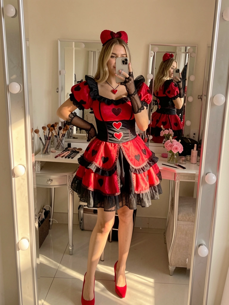 Mulher de vermelho e preto com luvas de renda e colar de coração, refletida em espelho grande sob luz natural difusa, com vaso de flores rosas e penteadeira ao fundo.