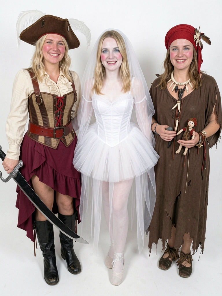 Três mulheres em fantasias: steampunk com óculos e engrenagens, bailarina fantasma em tutu esvoaçante, e vudu com adereços rituais.