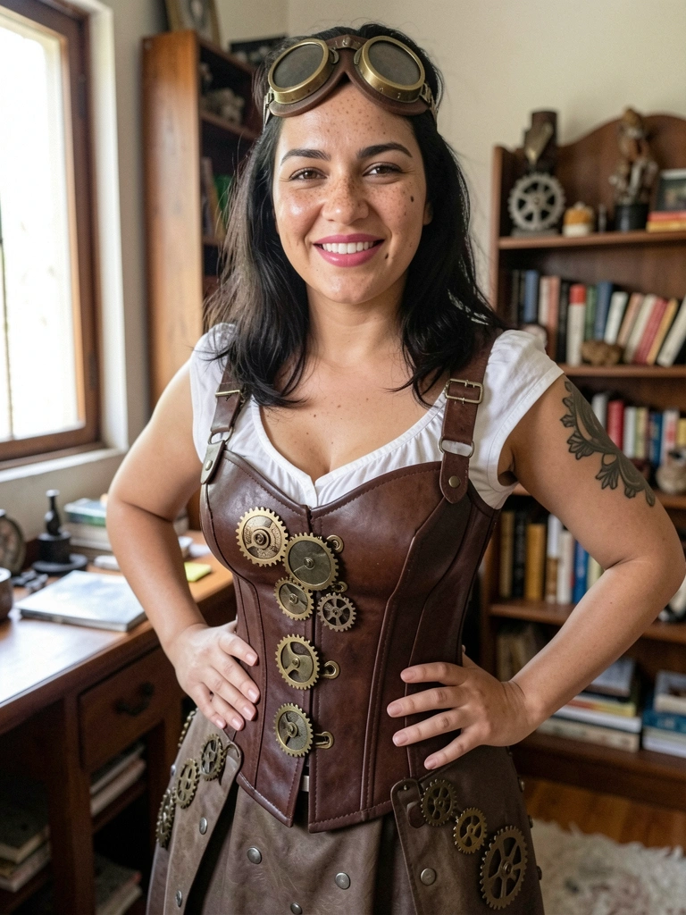 Mulher usando corset steampunk, óculos de aviador e engrenagens metálicas no cabelo, com fundo industrial.