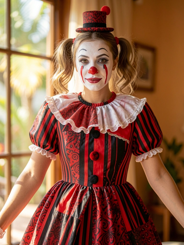 Mulher com vestido listrado vermelho e preto, gola rendada e cartola com pompom, maquiagem pálida com lágrimas vermelhas, luz tropical suave ao fundo