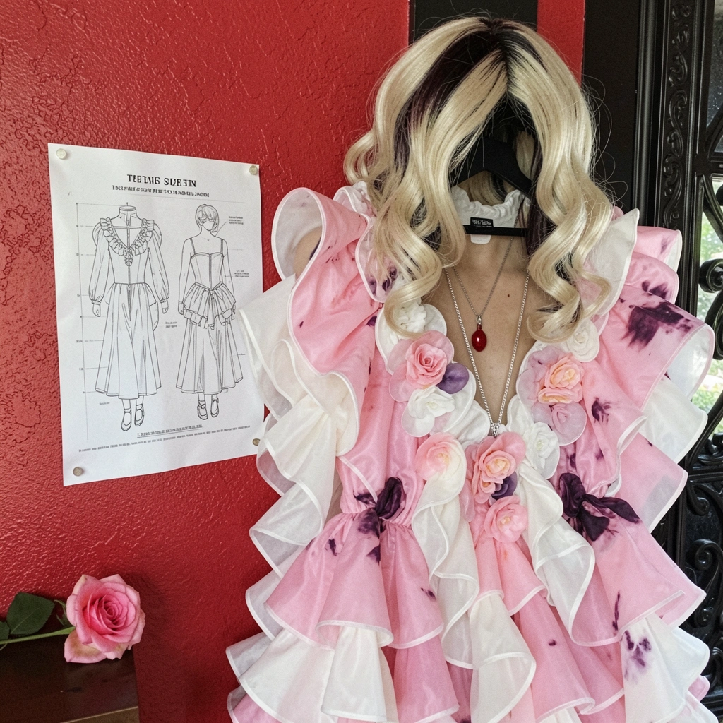 Tabela de medidas impressa em papel ao lado de uma fantasia de Halloween pendurada em cabide.