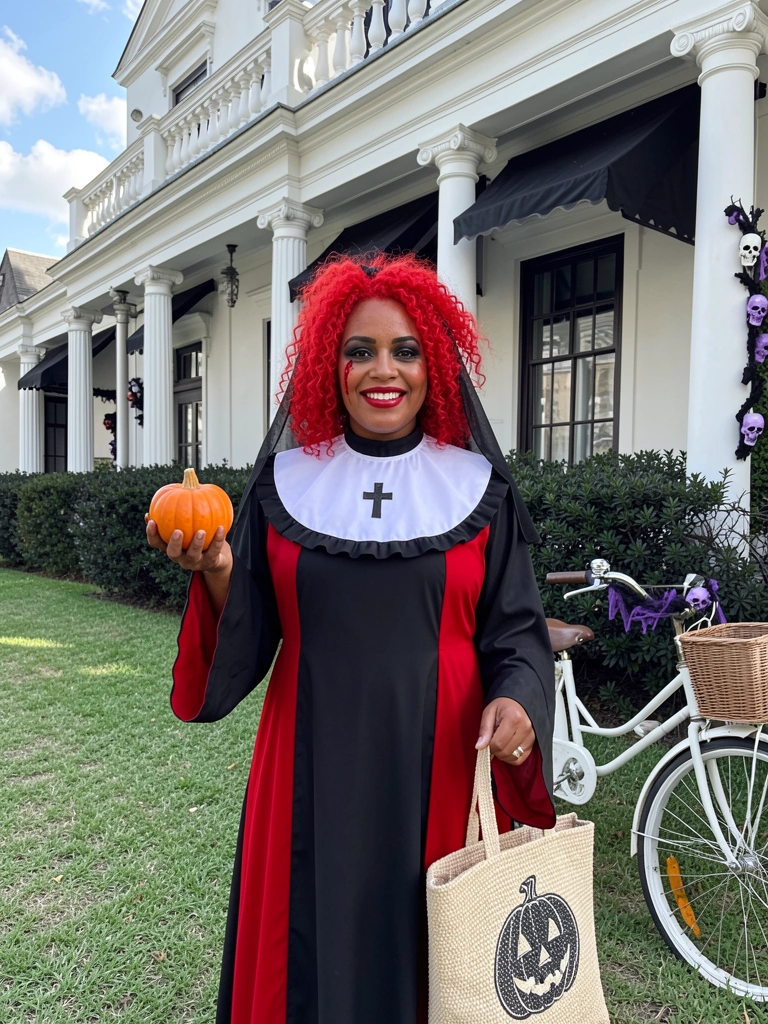 Mulher vestida de freira com maquiagem grotesca e olhos escuros, segurando um terço, em fundo escuro.