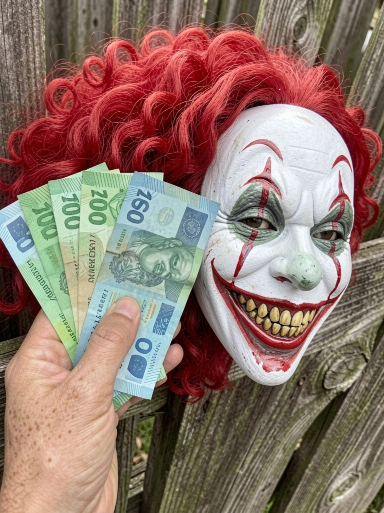 Mão segurando notas de real ao lado de peruca rosa e máscara preta sobre superfície clara.