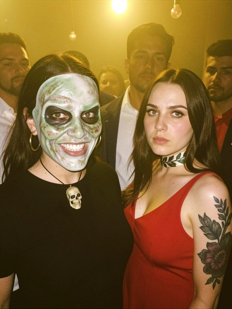 Pessoa vestindo look preto com colar de caveira e máscara de zumbi, fundo escuro.