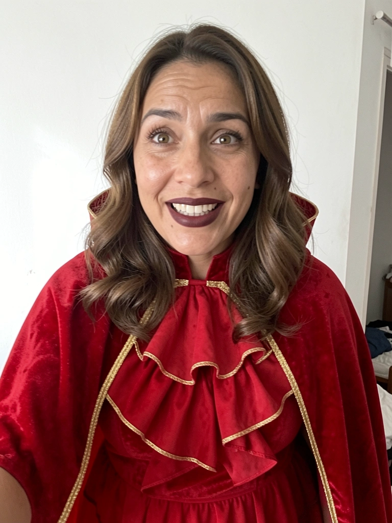 Mulher com cape vermelha, maquiagem pálida e olhos escuros, olhando diretamente para a câmera.