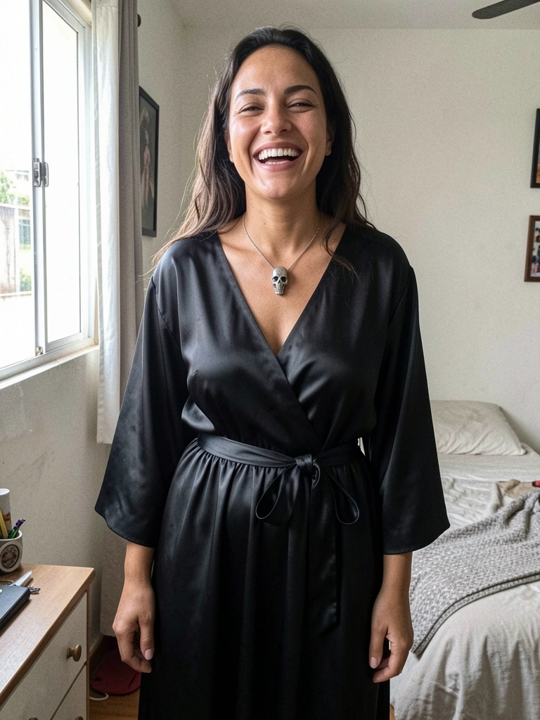 Vestido preto com decote profundo, complementado por um colar de caveira prateado.