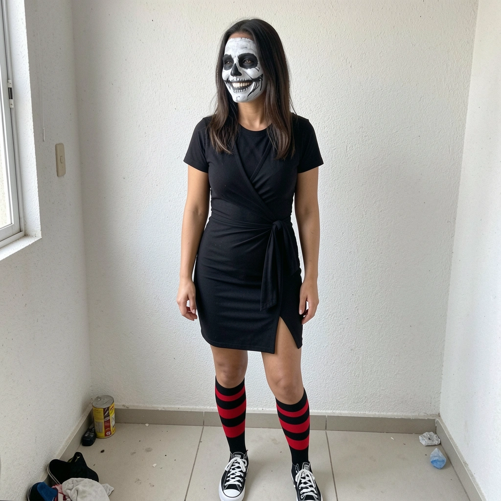 Rosto feminino com maquiagem de esqueleto preta e branca, olhos contornados de preto e nariz desenhado como caveira.