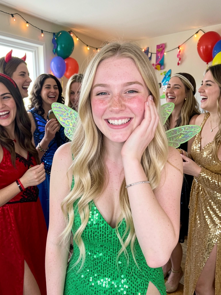Mulheres com fantasias coloridas dançando em uma festa animada.