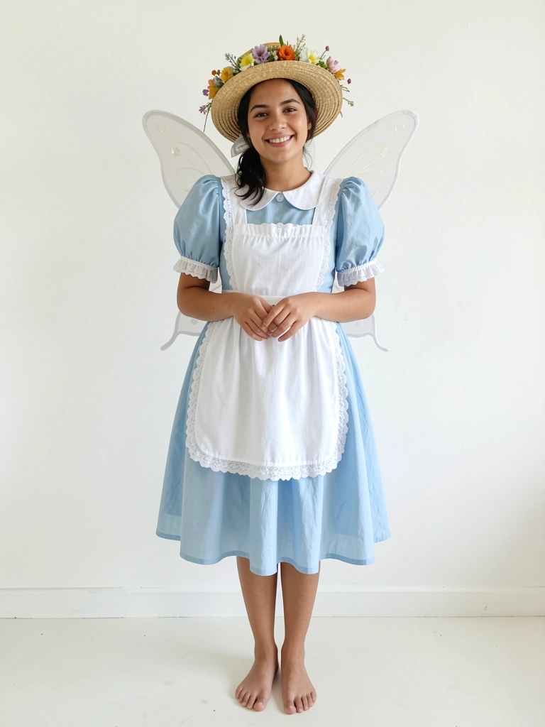 Três fantasias femininas: Alice no País das Maravilhas, noiva caipira e fada, penduradas em cabides.