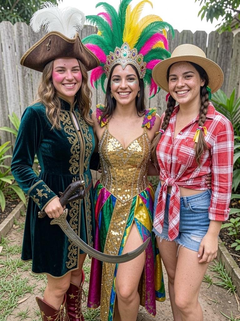 Três fantasias penduradas em cabides: uma de Halloween com listras pretas e laranja, uma de Carnaval com brilhos coloridos e uma de Festa Junina com estampa xadrez.