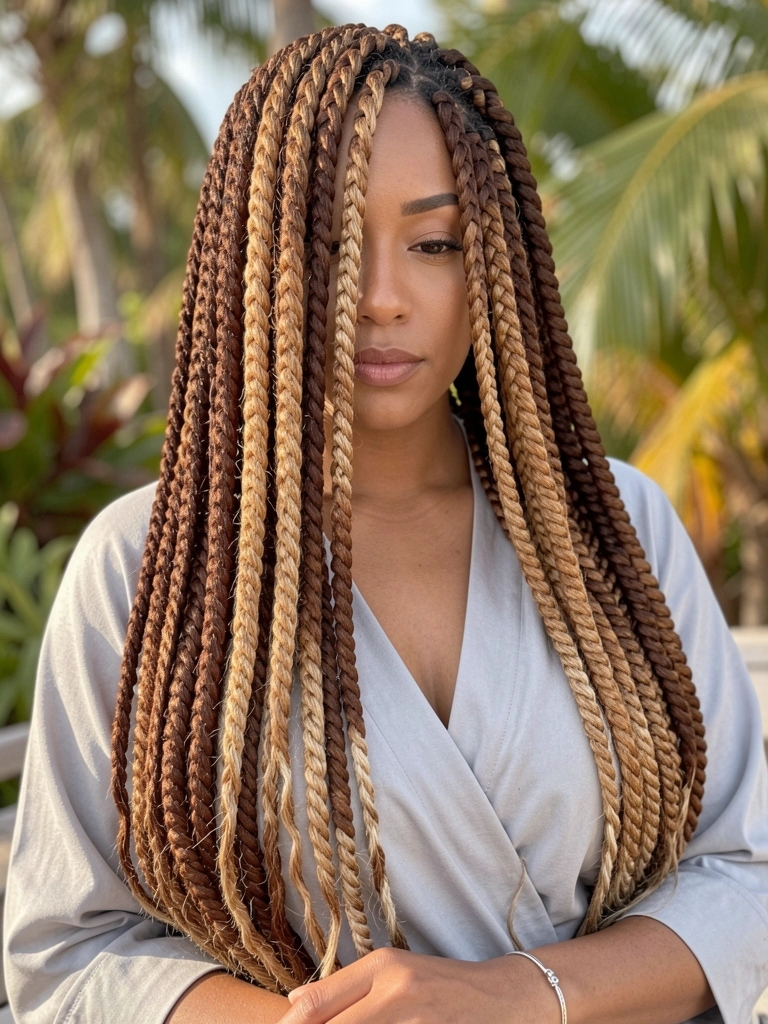 Tranças boxeadoras com degradê de castanho a loiro caramelizado caem sobre blusa cinza clara, pulseira de prata no pulso, luz natural e folhagem desfocada ao fundo.