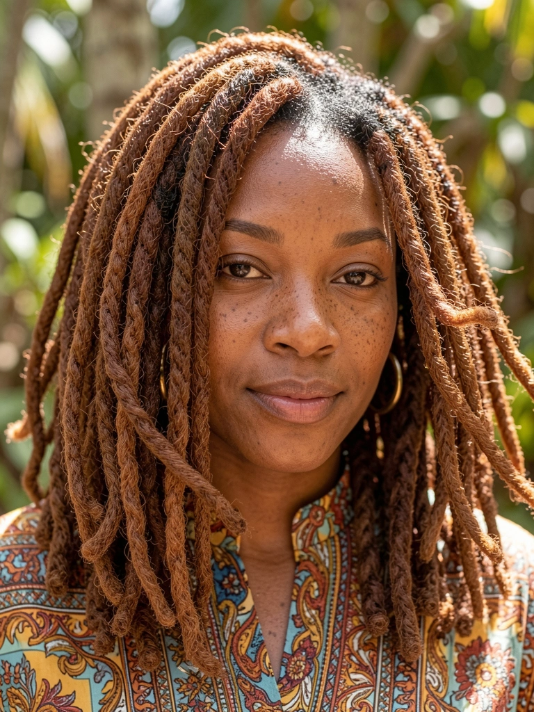 Dreadlocks volumosas em tons de castanho e acaju em primeiro plano, mulher negra de blusa estampada de colarinho alto e brincos de argola, luz solar difusa e fundo desfocado com folhagens.