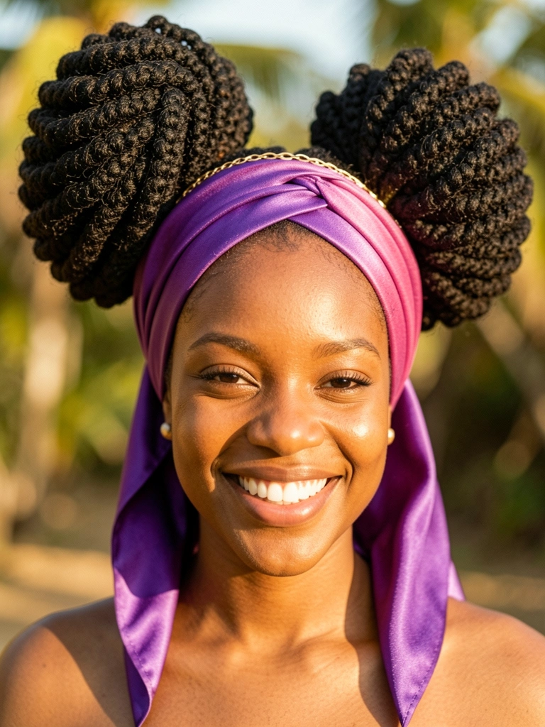Jovem negra com dreads em dois coques volumosos, lenço roxo e turbante rosa, fundo desfocado com luz natural quente.