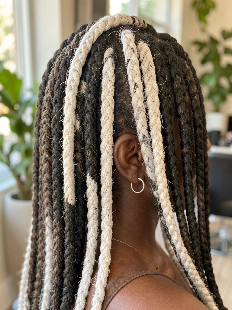 Faux locs de mulher negra entrelaçados com fibra clara, brinco de argola prateado e luz natural suave ao fundo desfocado.