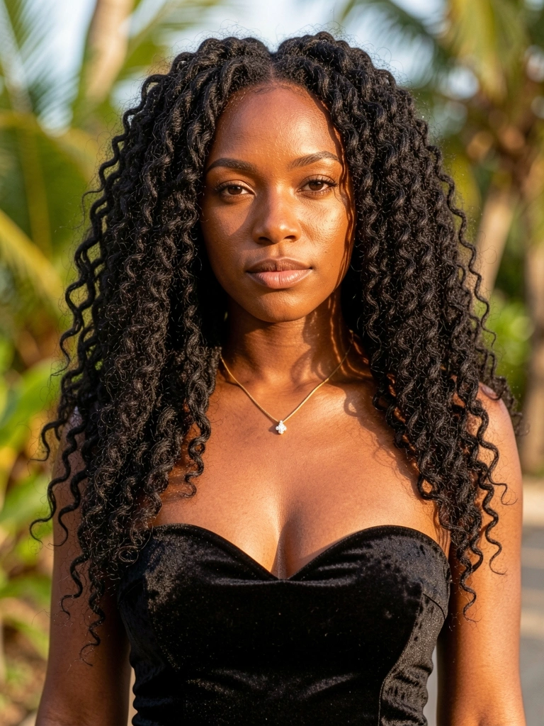 Mulher negra de dreads longos e vestido preto de veludo, colar de ouro, luz natural suave e fundo verde desfocado.