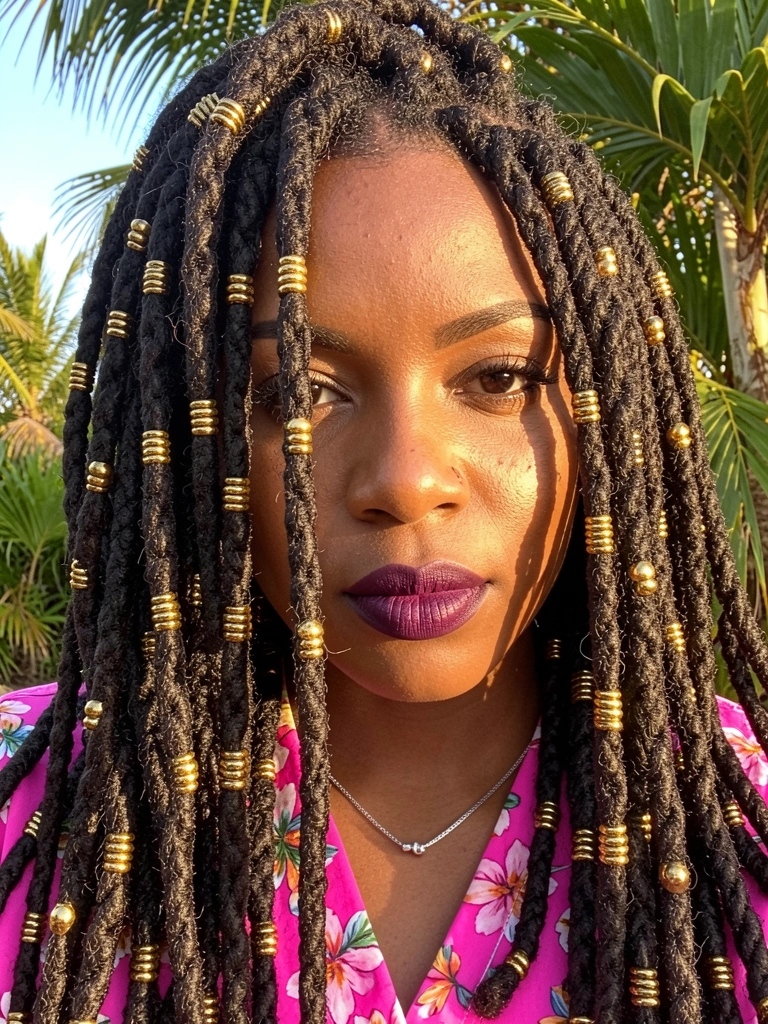 Close-up de dreadlocks volumosos com contas douradas, camisa floral rosa e colar de prata, luz natural e folhagem tropical ao fundo.