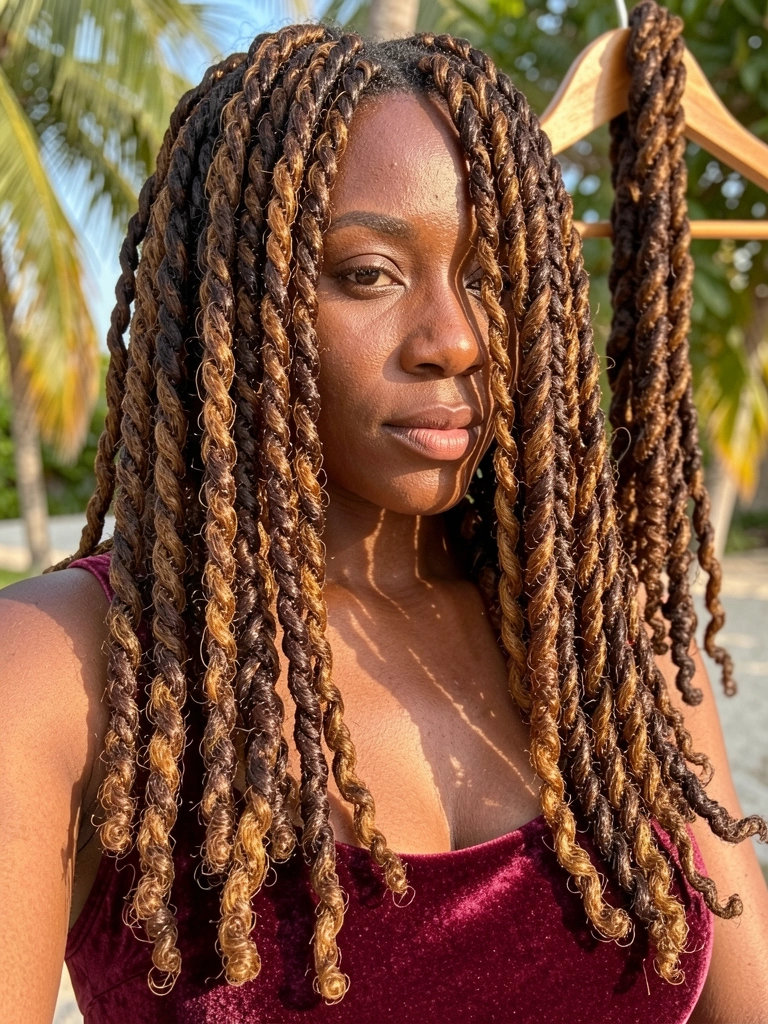 Marley twists castanhos e caramelo em close-up sobre ombros de mulher negra com regata vinho, mechas penduradas em cabide de madeira ao fundo desfocado, luz natural.