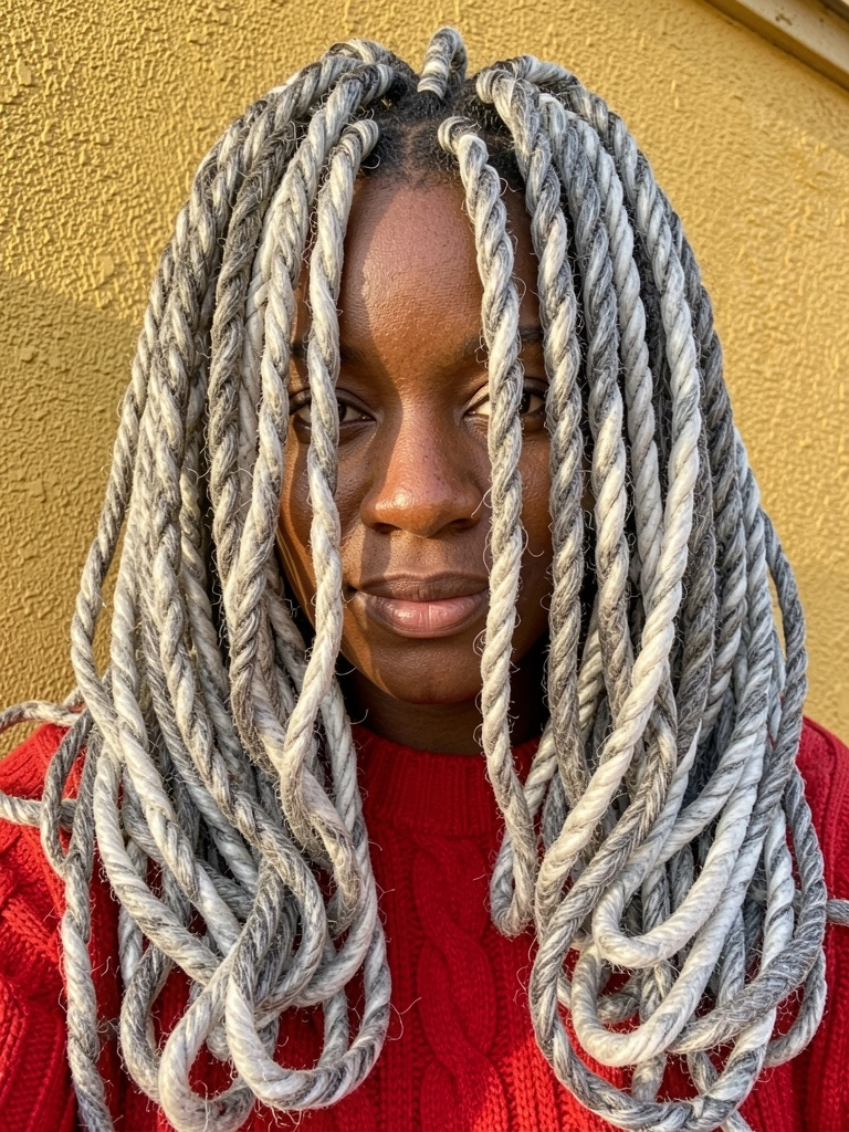 Dreadlocks grisalhas e brancas em close, mulher negra de suéter vermelho olhando para a câmera, parede dourada texturizada ao fundo com luz natural.