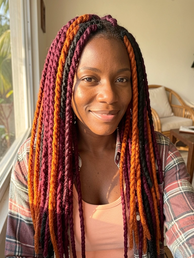 Dreadlocks multicoloridas em tons vinho, laranja e preto caem sobre os ombros de mulher negra de camisa xadrez, luz difusa e sala com cadeira de vime ao fundo.