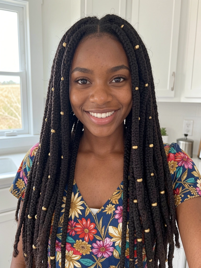Mulher negra de dreadlocks com contas douradas, vestido floral com detalhes dourados, sorrindo em cozinha branca com luz natural.