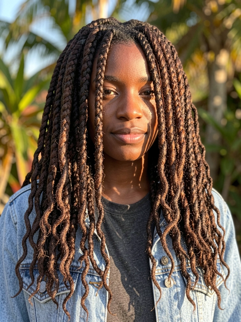 Dreadlocks volumosos em mulher negra com jaqueta jeans azul clara, luz natural filtrada por folhagem ao fundo.