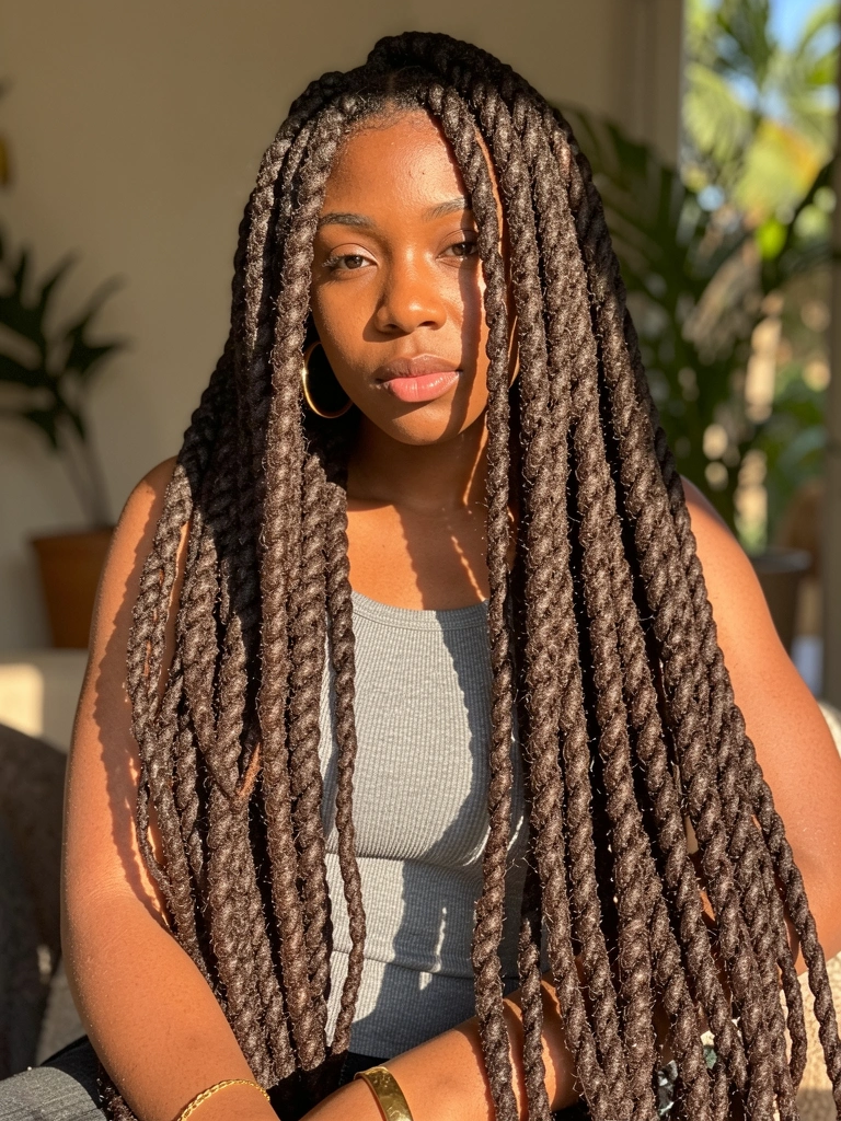 Dreadlocks longos e volumosos em mulher negra com camiseta cinza e brincos de argola dourados, iluminados por luz natural suave.
