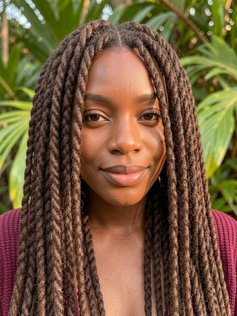 Jovem negra com longos dreads falsos, cardigã vinho texturizado, folhagem tropical desfocada ao fundo, luz natural suave.