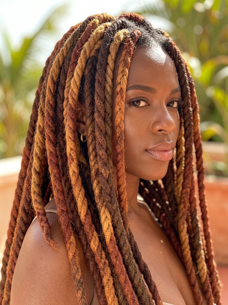 Mulher negra com dreads volumosos em degradê de castanho e caramelo, brinco de argola dourada, luz natural, fundo desfocado com folhagens tropicais.