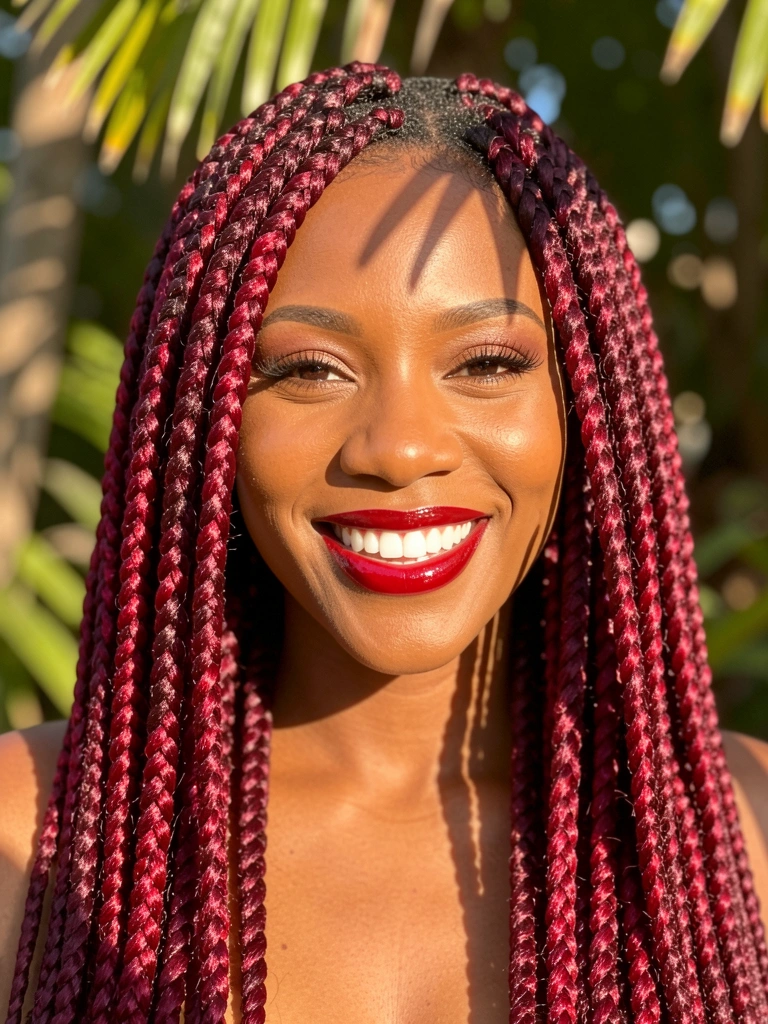 Mulher negra com tranças volumosas em tons vinho e carmim, pele impecável e sorriso radiante, luz natural com folhagens desfocadas ao fundo.
