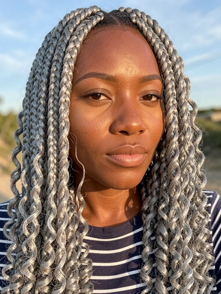 Braids prateadas e cinzas em estilo faux locs, pele negra radiante, luz natural suave e camisa listrada azul e branca.