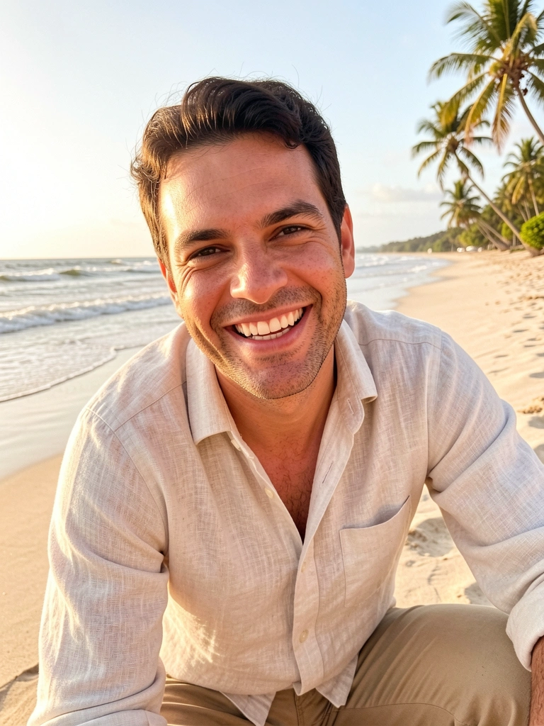 Homem de camisa de linho clara sorrindo espontaneamente na praia, com ondas suaves e coqueiros ao fundo sob luz dourada de tarde tropical.