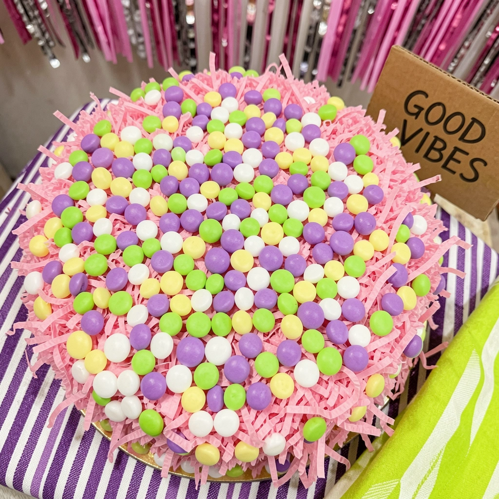 Detalhe decorativo com tons de roxo e verde limão sobre superfície texturizada.