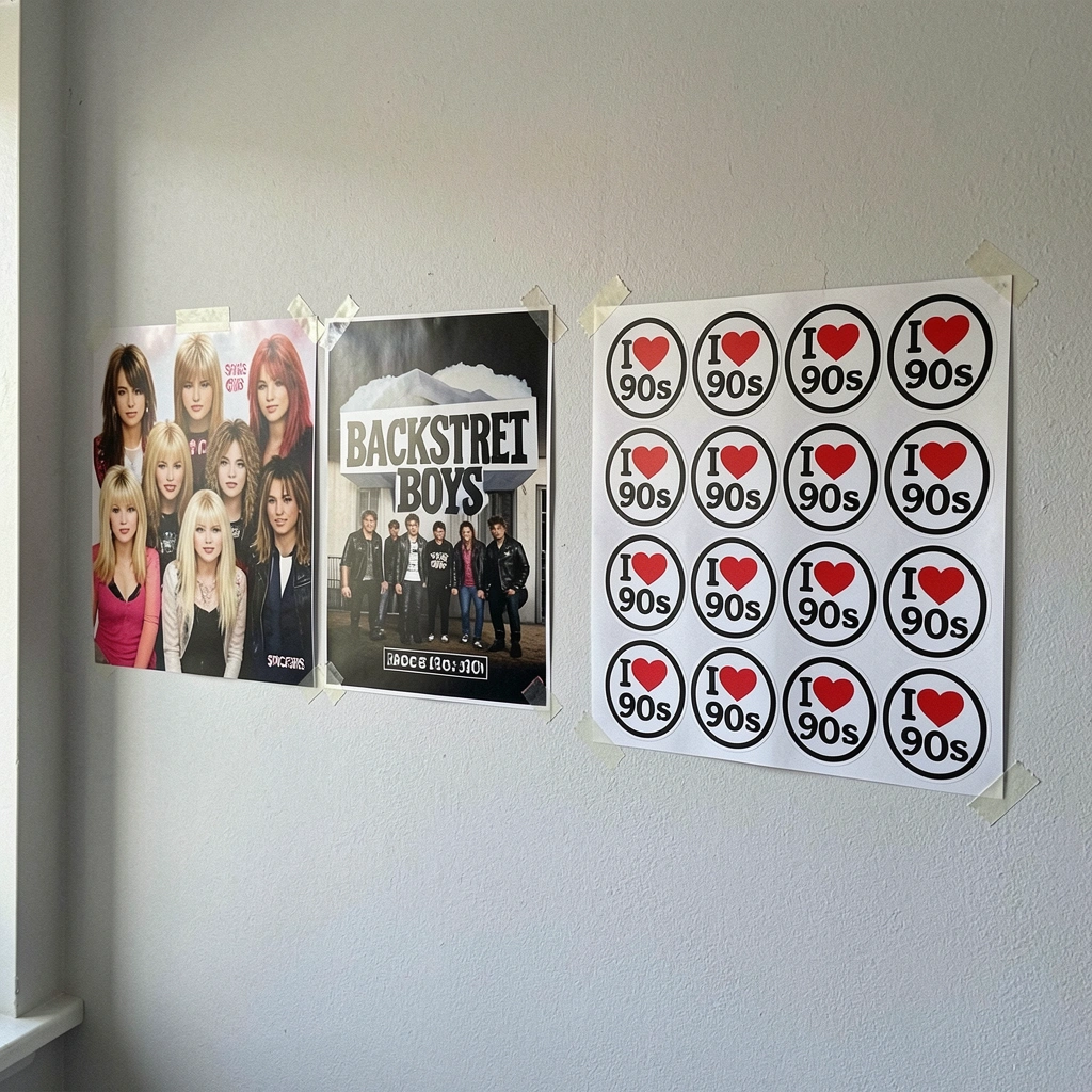 Pôsteres das Spice Girls e Backstreet Boys pendurados na parede de um quarto.