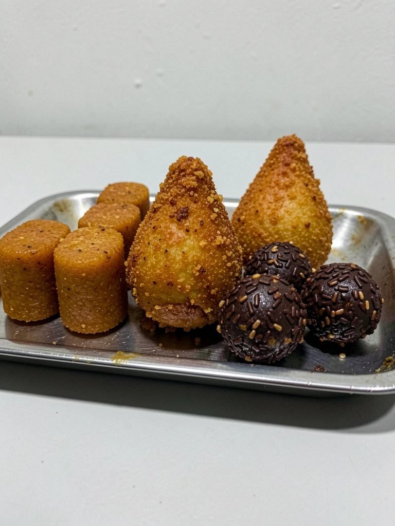 Bandeja com kibe, coxinha e brigadeiro, típicos de festa anos 90.