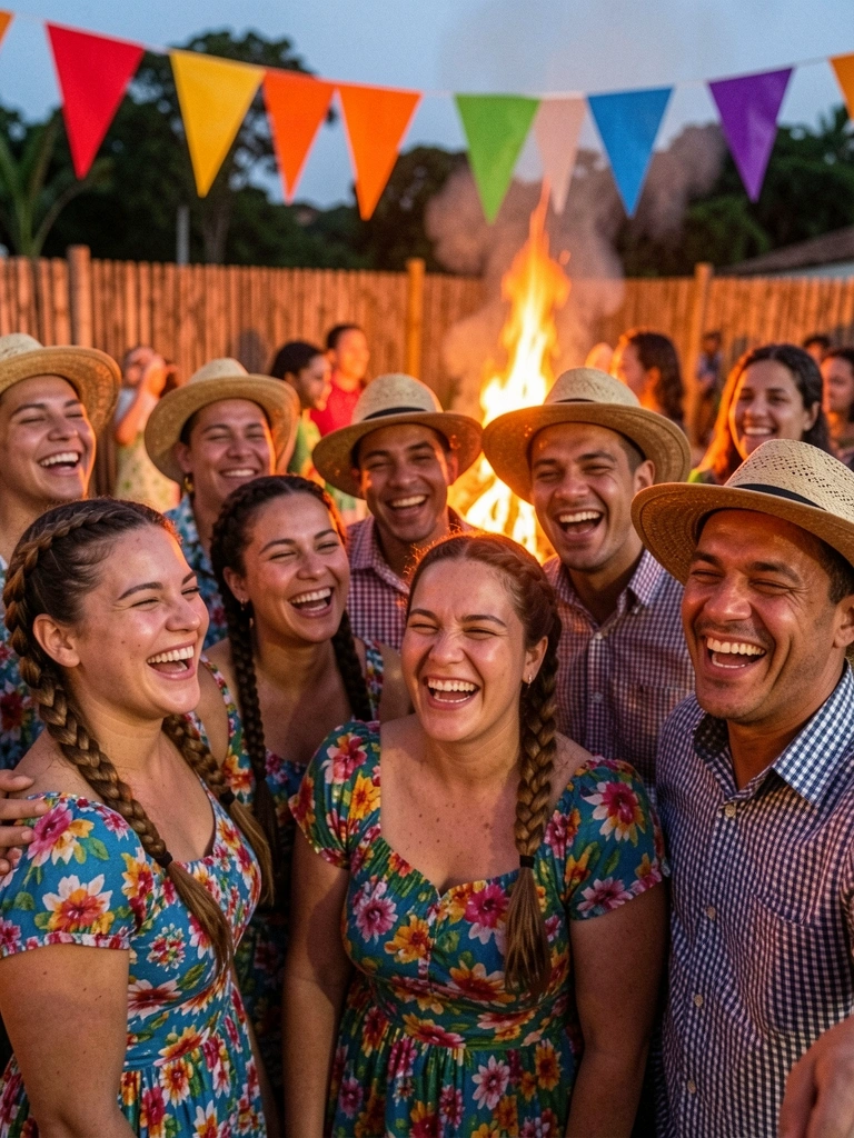 Grupo de pessoas em trajes típicos de festa junina, com bandeirinhas coloridas e fogueira ao fundo.