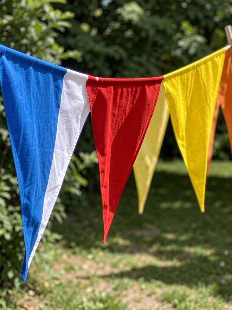 Bandeirinhas coloridas penduradas em um varal ao ar livre.