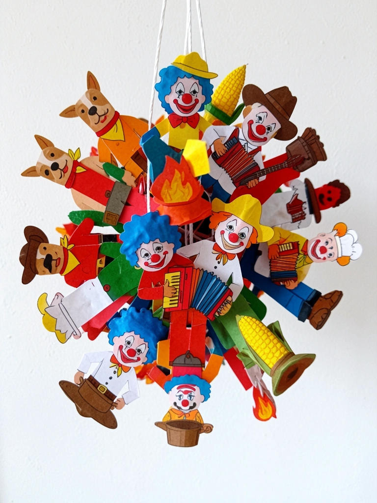 Bandeirinhas coloridas de papel e tecido penduradas em um cordão.