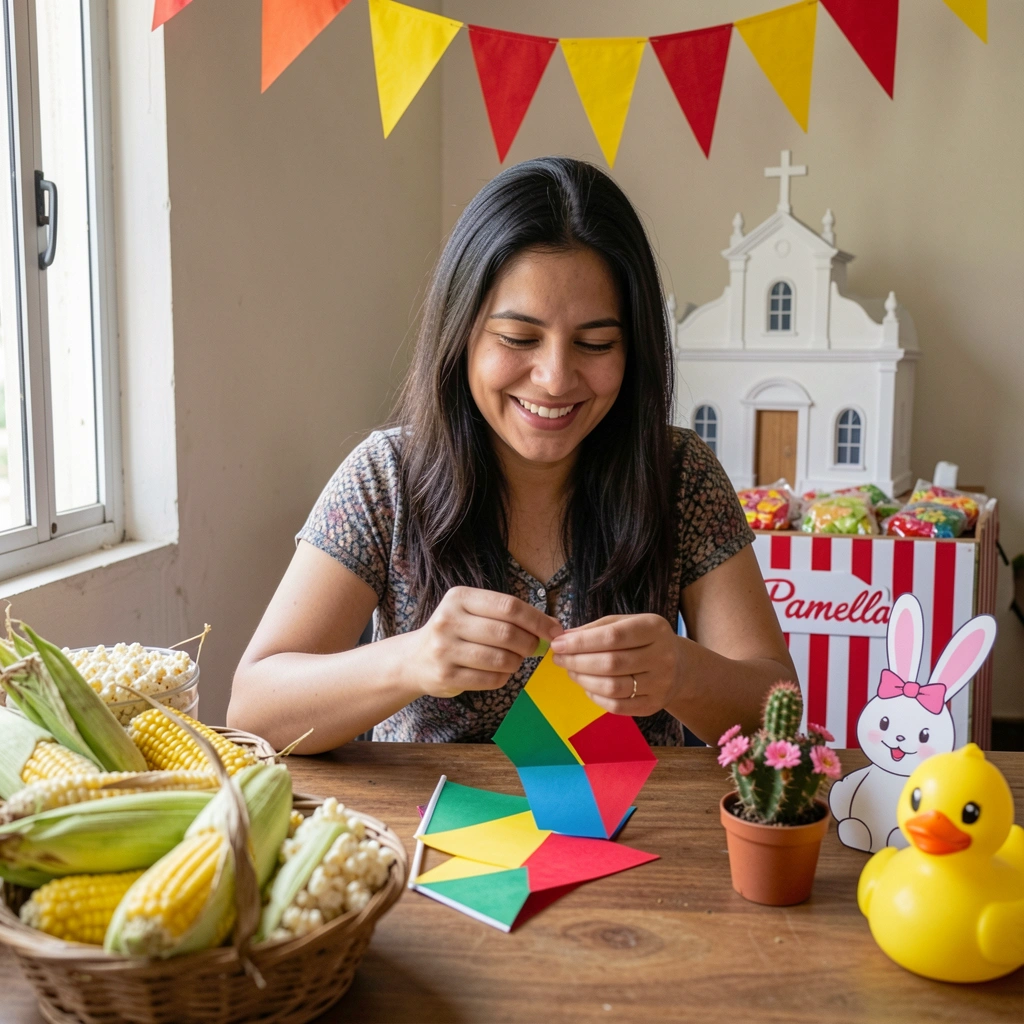 Mãos segurando uma bandeirinha de papel vermelha dobrada, sobre uma mesa com outras bandeirinhas coloridas.