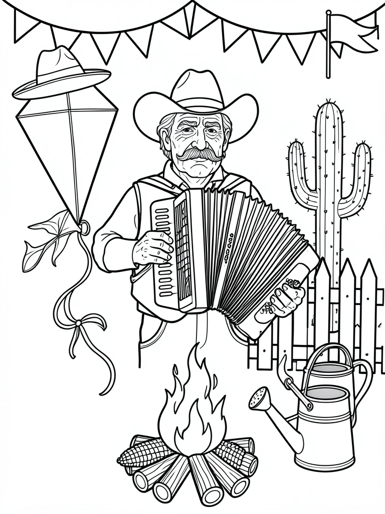 Desenhos de milho, canjica e pé de moleque para colorir em preto e branco.