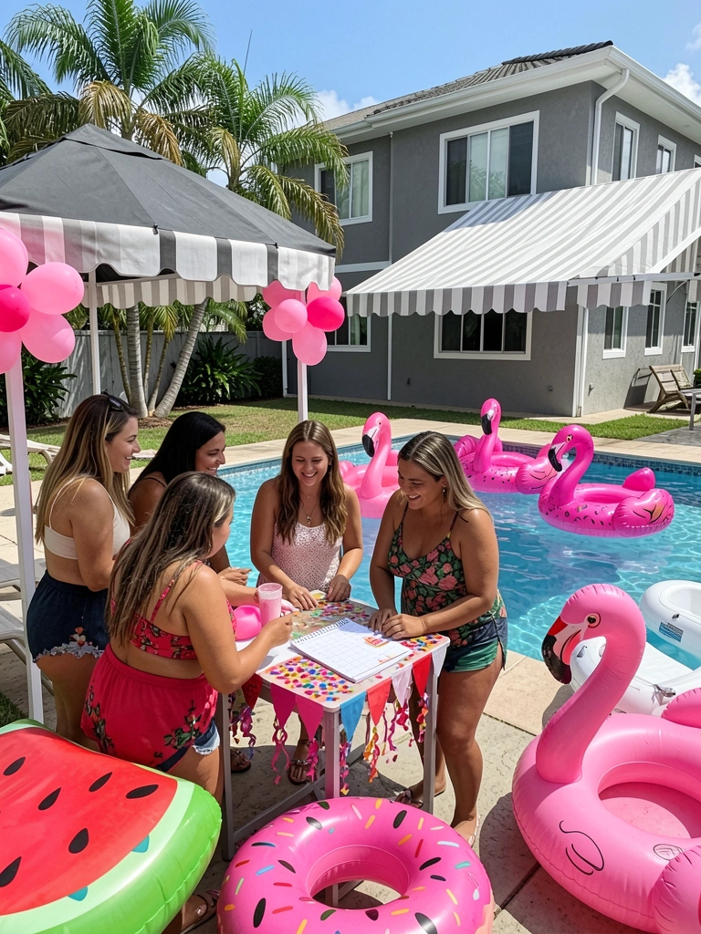 Grupo de pessoas ao redor de uma mesa com calendário, balões coloridos e enfeites de festa na piscina ao fundo.