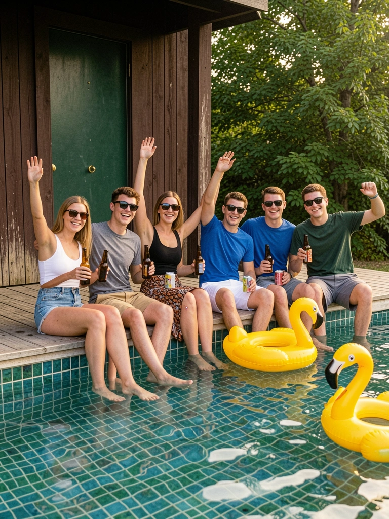 Piscina ao ar livre com boias coloridas e pessoas se divertindo na água sob o sol.